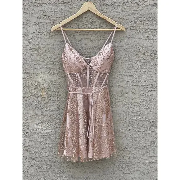 Blondie Nites Glitter Illusion Lace Corset Lace Up Back Dress ~ Juniors 5 - Picture 6 of 9